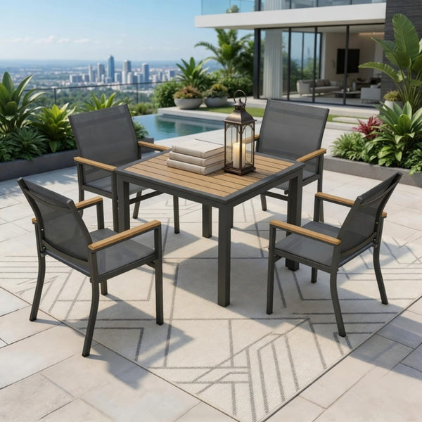 English Elm 5-Piece Aluminum Outdoor Dining Set with Textilene Mesh Chairs and Square HDPS Table B082S00138