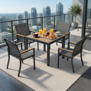 English Elm 5-Piece Aluminum Outdoor Dining Set with Textilene Mesh Chairs and Square HDPS Table B082S00138