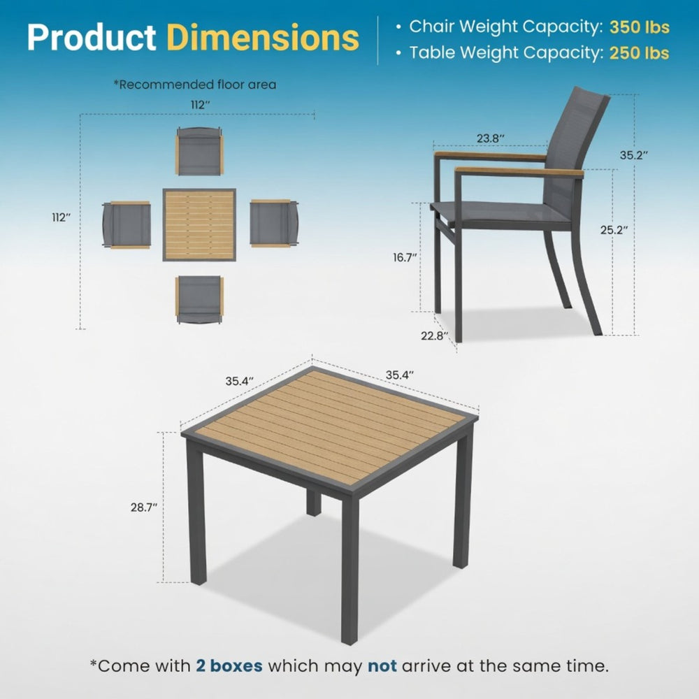 English Elm 5-Piece Aluminum Outdoor Dining Set with Textilene Mesh Chairs and Square HDPS Table B082S00138