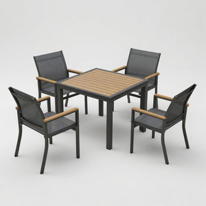English Elm 5-Piece Aluminum Outdoor Dining Set with Textilene Mesh Chairs and Square HDPS Table B082S00138
