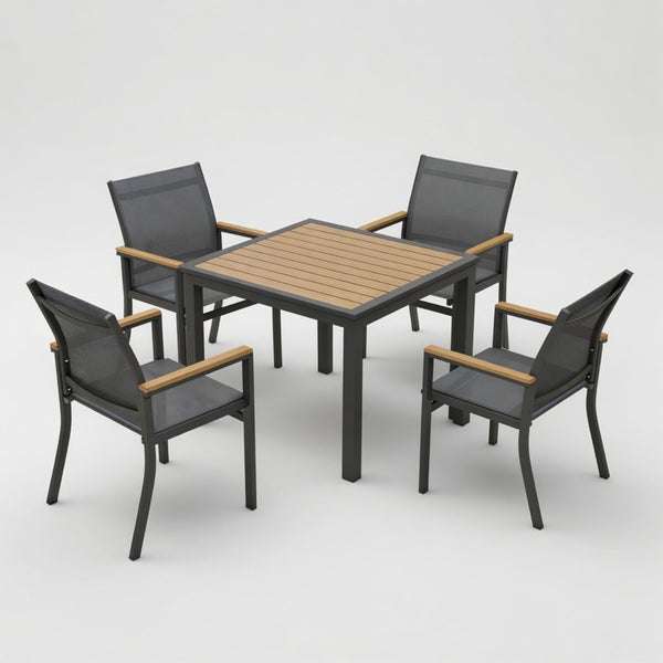 English Elm 5-Piece Aluminum Outdoor Dining Set with Textilene Mesh Chairs and Square HDPS Table B082S00138