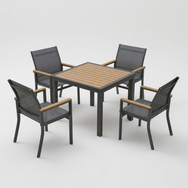 English Elm 5-Piece Aluminum Outdoor Dining Set with Textilene Mesh Chairs and Square HDPS Table B082S00138