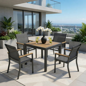 English Elm 5-Piece Aluminum Outdoor Dining Set with Textilene Mesh Chairs and Square HDPS Table B082S00138