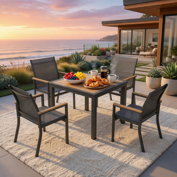 English Elm 5-Piece Aluminum Outdoor Dining Set with Textilene Mesh Chairs and Square HDPS Table B082S00138