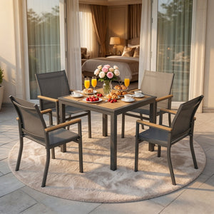 English Elm 5-Piece Aluminum Outdoor Dining Set with Textilene Mesh Chairs and Square HDPS Table B082S00138