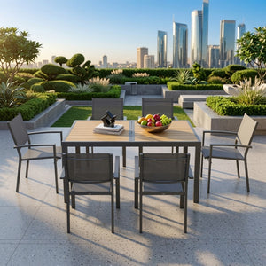English Elm 7-piece Outdoor Dining Set Aluminum Frame Textilene Mesh Chairs Rectangular Patio Table B082S00139