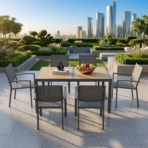 English Elm 7-piece Outdoor Dining Set Aluminum Frame Textilene Mesh Chairs Rectangular Patio Table B082S00139