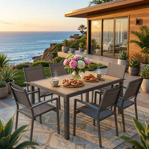 English Elm 7-piece Outdoor Dining Set Aluminum Frame Textilene Mesh Chairs Rectangular Patio Table B082S00139