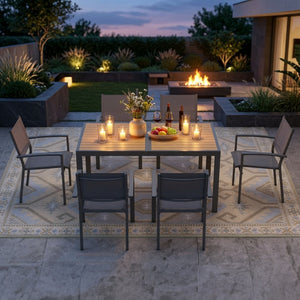 English Elm 7-piece Outdoor Dining Set Aluminum Frame Textilene Mesh Chairs Rectangular Patio Table B082S00139