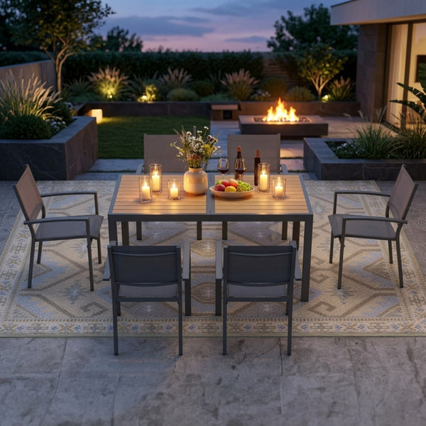 English Elm 7-piece Outdoor Dining Set Aluminum Frame Textilene Mesh Chairs Rectangular Patio Table B082S00139