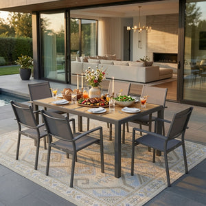 English Elm 7-piece Outdoor Dining Set Aluminum Frame Textilene Mesh Chairs Rectangular Patio Table B082S00139