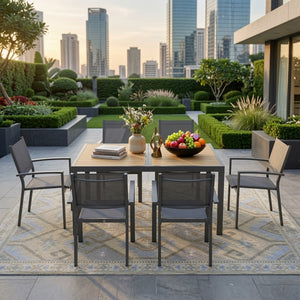 English Elm 7-piece Outdoor Dining Set Aluminum Frame Textilene Mesh Chairs Rectangular Patio Table B082S00139