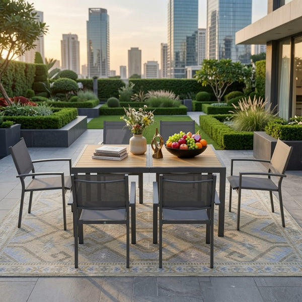 English Elm 7-piece Outdoor Dining Set Aluminum Frame Textilene Mesh Chairs Rectangular Patio Table B082S00139