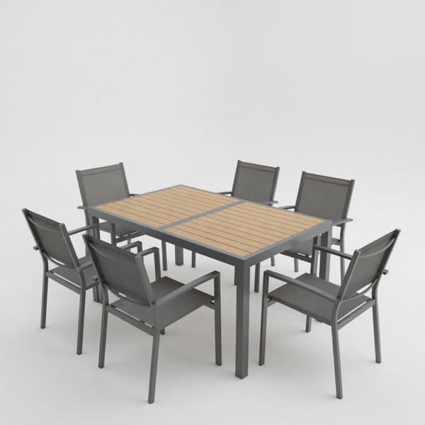 English Elm 7-piece Outdoor Dining Set Aluminum Frame Textilene Mesh Chairs Rectangular Patio Table B082S00139