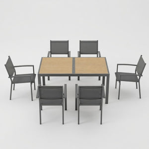 English Elm 7-piece Outdoor Dining Set Aluminum Frame Textilene Mesh Chairs Rectangular Patio Table B082S00139