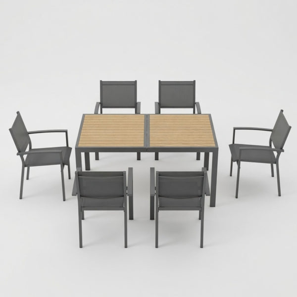 English Elm 7-piece Outdoor Dining Set Aluminum Frame Textilene Mesh Chairs Rectangular Patio Table B082S00139