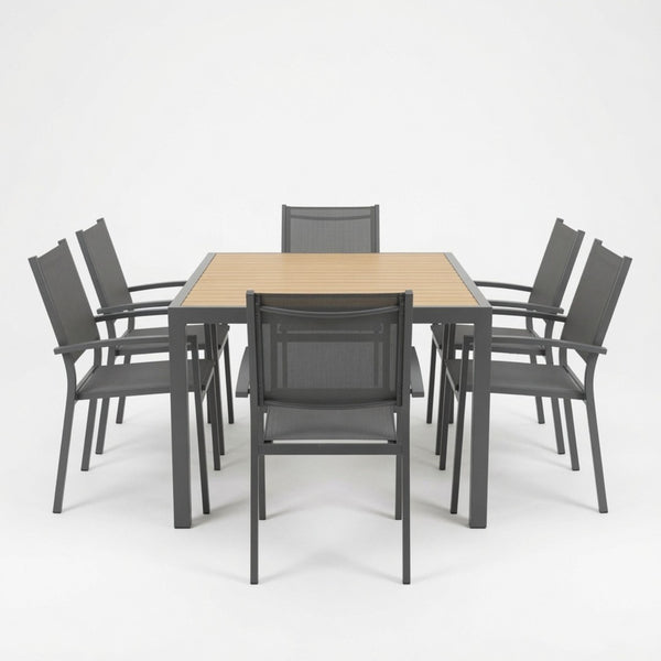 English Elm 7-piece Outdoor Dining Set Aluminum Frame Textilene Mesh Chairs Rectangular Patio Table B082S00139