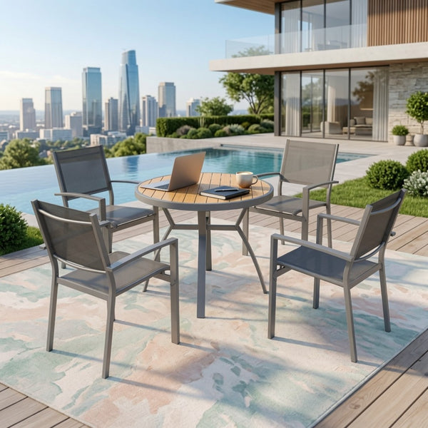 English Elm 5-Piece Outdoor Patio Dining Set with Round HDPS Table and Textilene Mesh Armchairs B082S00141