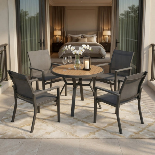 English Elm 5-Piece Outdoor Patio Dining Set with Round HDPS Table and Textilene Mesh Armchairs B082S00141