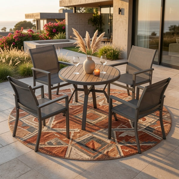 English Elm 5-Piece Outdoor Patio Dining Set with Round HDPS Table and Textilene Mesh Armchairs B082S00141