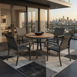 English Elm 5-Piece Outdoor Patio Dining Set with Round HDPS Table and Textilene Mesh Armchairs B082S00141