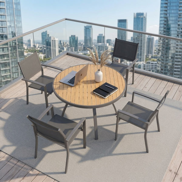 English Elm 5-Piece Outdoor Patio Dining Set with Round HDPS Table and Textilene Mesh Armchairs B082S00141