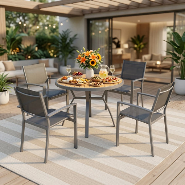 English Elm 5-Piece Outdoor Patio Dining Set with Round HDPS Table and Textilene Mesh Armchairs B082S00141