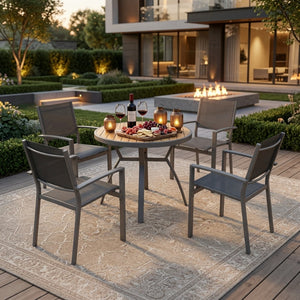 English Elm 5-Piece Outdoor Patio Dining Set with Round HDPS Table and Textilene Mesh Armchairs B082S00141