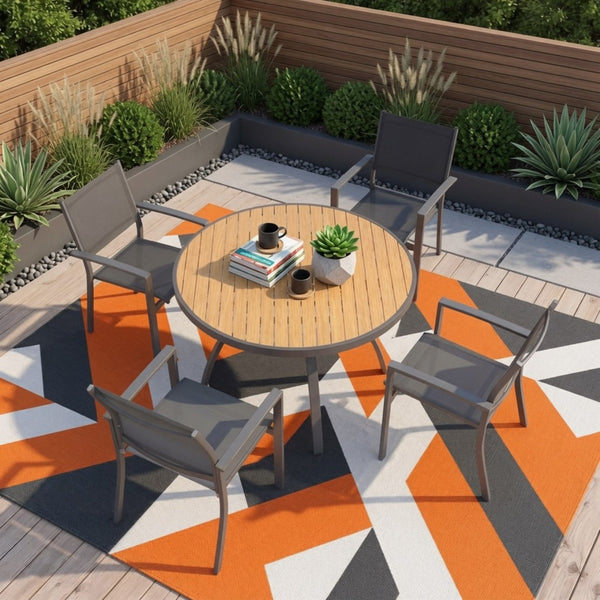 English Elm 5-Piece Outdoor Patio Dining Set with Round HDPS Table and Textilene Mesh Armchairs B082S00141