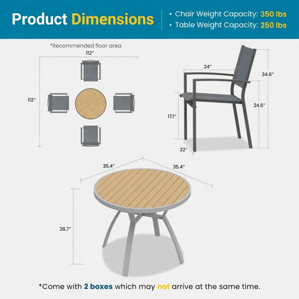 English Elm 5-Piece Outdoor Patio Dining Set with Round HDPS Table and Textilene Mesh Armchairs B082S00141