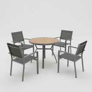 English Elm 5-Piece Outdoor Patio Dining Set with Round HDPS Table and Textilene Mesh Armchairs B082S00141