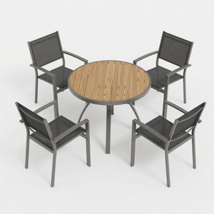 English Elm 5-Piece Outdoor Patio Dining Set with Round HDPS Table and Textilene Mesh Armchairs B082S00141