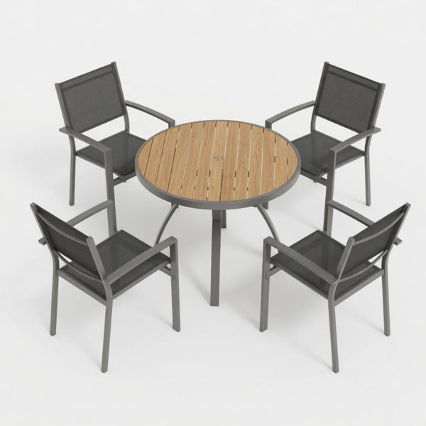 English Elm 5-Piece Outdoor Patio Dining Set with Round HDPS Table and Textilene Mesh Armchairs B082S00141