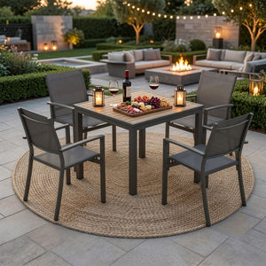 English Elm 5-Piece Outdoor Grey Aluminum Dining Set with Textilene Mesh Chairs for Patio or Deck B082S00142