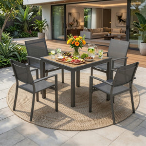 English Elm 5-Piece Outdoor Grey Aluminum Dining Set with Textilene Mesh Chairs for Patio or Deck B082S00142