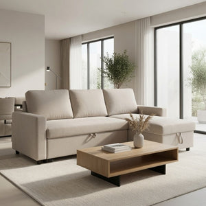 English Elm 83.6 Inch Flannel Sectional Sleeper Sofa with Reversible Chaise and Hidden Storage B082S00143