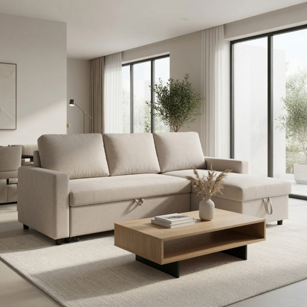 English Elm 83.6 Inch Flannel Sectional Sleeper Sofa with Reversible Chaise and Hidden Storage B082S00143