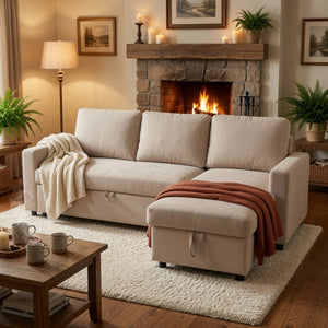 English Elm 83.6 Inch Flannel Sectional Sleeper Sofa with Reversible Chaise and Hidden Storage B082S00143