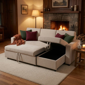 English Elm 83.6 Inch Flannel Sectional Sleeper Sofa with Reversible Chaise and Hidden Storage B082S00143