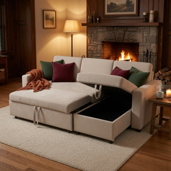 English Elm 83.6 Inch Flannel Sectional Sleeper Sofa with Reversible Chaise and Hidden Storage B082S00143