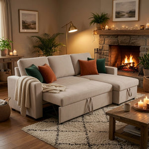 English Elm 83.6 Inch Flannel Sectional Sleeper Sofa with Reversible Chaise and Hidden Storage B082S00143