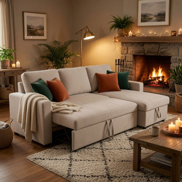 English Elm 83.6 Inch Flannel Sectional Sleeper Sofa with Reversible Chaise and Hidden Storage B082S00143