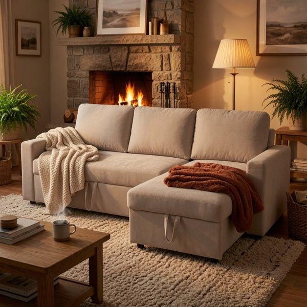 English Elm 83.6 Inch Flannel Sectional Sleeper Sofa with Reversible Chaise and Hidden Storage B082S00143