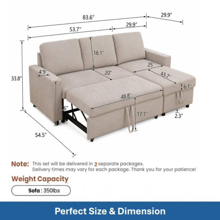 English Elm 83.6 Inch Flannel Sectional Sleeper Sofa with Reversible Chaise and Hidden Storage B082S00143