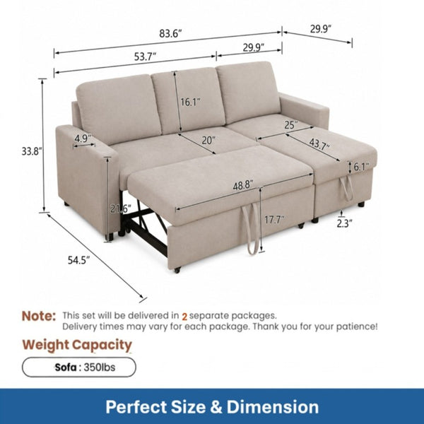 English Elm 83.6 Inch Flannel Sectional Sleeper Sofa with Reversible Chaise and Hidden Storage B082S00143