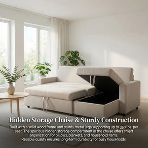English Elm 83.6 Inch Flannel Sectional Sleeper Sofa with Reversible Chaise and Hidden Storage B082S00143