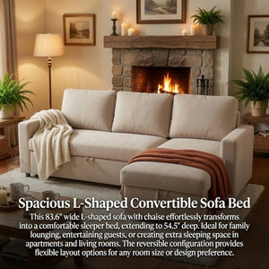 English Elm 83.6 Inch Flannel Sectional Sleeper Sofa with Reversible Chaise and Hidden Storage B082S00143