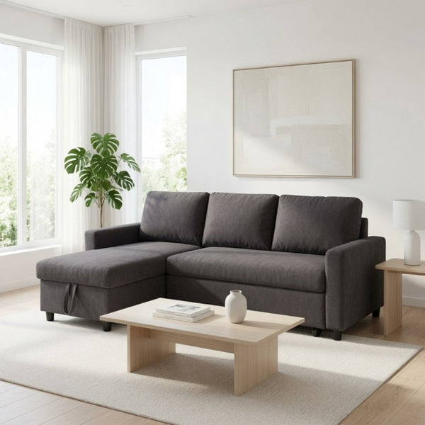 English Elm 83.6 Inch Flannel Sectional Sleeper Sofa with Hidden Chaise Storage for Living Rooms Dark Brown B082S00144