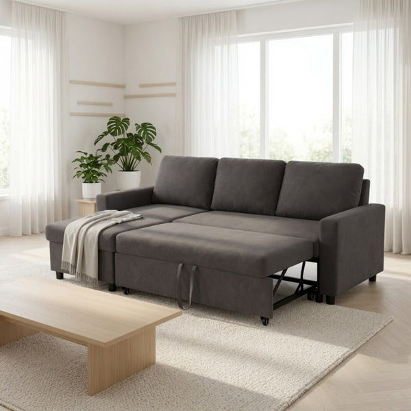 English Elm 83.6 Inch Flannel Sectional Sleeper Sofa with Hidden Chaise Storage for Living Rooms Dark Brown B082S00144