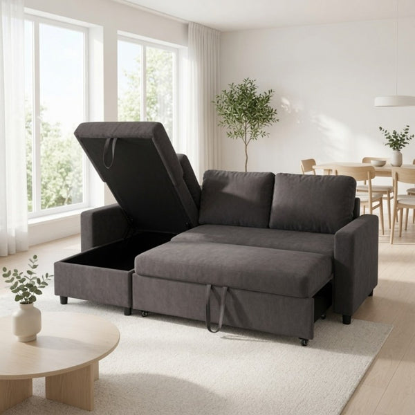 English Elm 83.6 Inch Flannel Sectional Sleeper Sofa with Hidden Chaise Storage for Living Rooms Dark Brown B082S00144